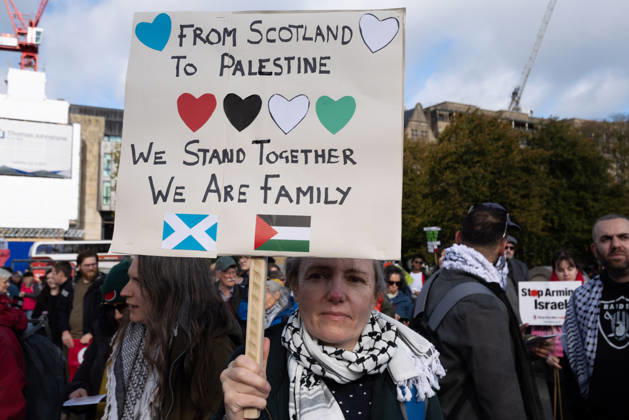 October 10, 2026, Edinburgh, Scotland, UK: Hundreds of people took part in a demonstration in Edinburgh organised by pro-Palestine groups Gaza Genocide Emergency Committee and Stop the War Scotland to mark the third anniversary of the 7 October 2023 Hamas-led attacks on Israel and the subsequent war in Gaza. The demonstration formed part of what organisers described as the first fully coordinated global day of protests for Palestine, with participants calling on the UK Government to end all arms sales to Israel and impose full sanctions. Edinburgh UK  - ZUMAs357 20261010_zip_s357_005 Copyright: xCameronxScottx