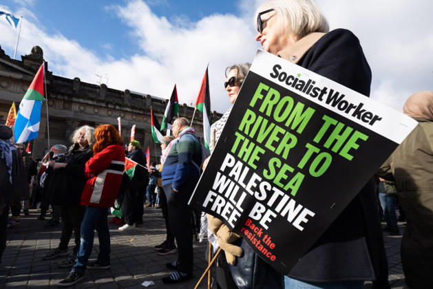 October 10, 2026, Edinburgh, Scotland, UK: Hundreds of people took part in a demonstration in Edinburgh organised by pro-Palestine groups Gaza Genocide Emergency Committee and Stop the War Scotland to mark the third anniversary of the 7 October 2023 Hamas-led attacks on Israel and the subsequent war in Gaza. The demonstration formed part of what organisers described as the first fully coordinated global day of protests for Palestine, with participants calling on the UK Government to end all arms sales to Israel and impose full sanctions. Edinburgh UK  - ZUMAs357 20261010_zip_s357_006 Copyright: xCameronxScottx
