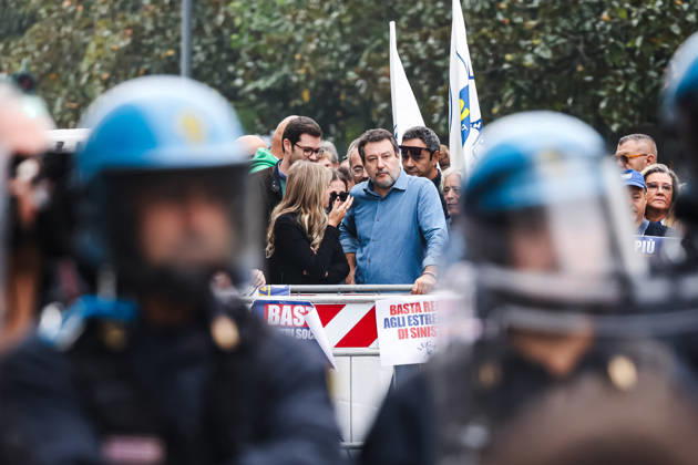 IPA89501383 - Milan: The League™s protest, A Safer Milan, Stop the Social Centers, against the Lambretta Social Center on Via Rizzoli. Pictured: Silvia Sardone (Member of the European Parliament, Lega mayoral candidate in the Milan municipal elections), Matteo Salvini (Lega leader, Italian Minister of Infrastructure and Transportation) Copyright: xAlessandroxBremecx xx IPA89501383