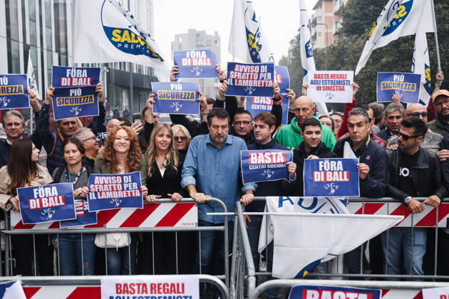 IPA89501884 - Milan: The League™s protest, A Safer Milan, Stop the Social Centers, against the Lambretta Social Center on Via Rizzoli. Pictured: Silvia Sardone (Member of the European Parliament, Lega mayoral candidate in the Milan municipal elections), Matteo Salvini (Lega leader, Italian Minister of Infrastructure and Transportation) Copyright: xAlessandroxBremecx xx IPA89501884