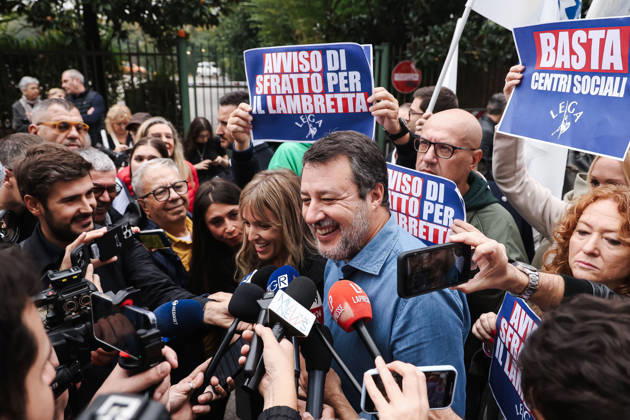 IPA89501919 - Milan: The League™s protest, A Safer Milan, Stop the Social Centers, against the Lambretta Social Center on Via Rizzoli. Pictured: Silvia Sardone (Member of the European Parliament, Lega mayoral candidate in the Milan municipal elections), Matteo Salvini (Lega leader, Italian Minister of Infrastructure and Transportation) Copyright: xAlessandroxBremecx xx IPA89501919