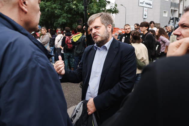 IPA89501932 - Milan: A rally organized by the Lega under the slogan A Safer Milan, Stop the Social Centers against the Lambretta Social Center on Via Rizzoli. Pictured: Pierfrancesco Majorino (Lombardy regional councilor for the Democratic Party) Copyright: xAlessandroxBremecx xx IPA89501932