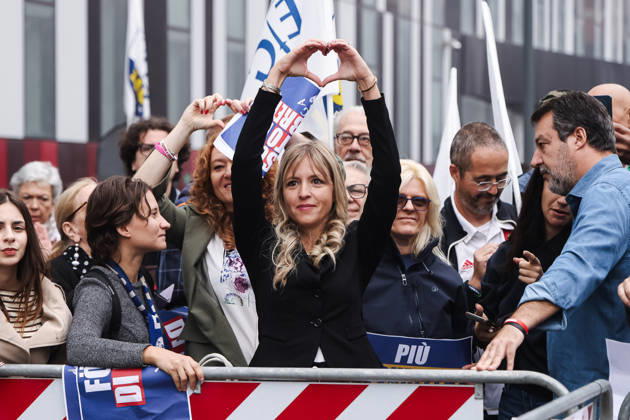 IPA89501878 - Milan: The League™s rally, A Safer Milan, Stop the Social Centers, against the Lambretta Social Center on Via Rizzoli. Pictured: Silvia Sardone (Member of the European Parliament, the League™s mayoral candidate in the Milan municipal elections)  Copyright: xAlessandroxBremecx xx IPA89501878