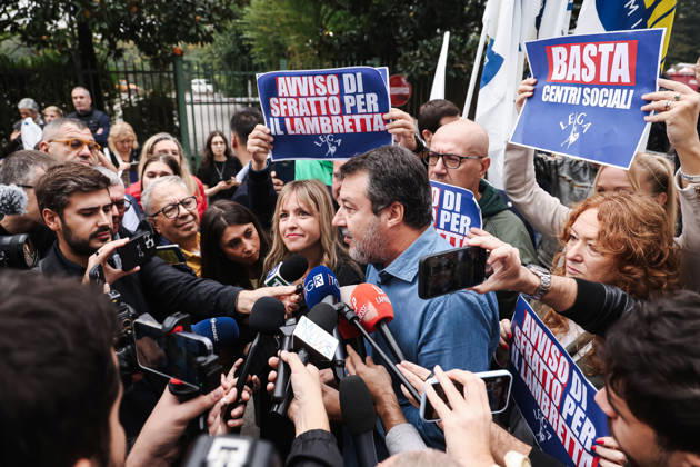 IPA89501918 - Milan: The League™s protest, A Safer Milan, Stop the Social Centers, against the Lambretta Social Center on Via Rizzoli. Pictured: Silvia Sardone (Member of the European Parliament, Lega mayoral candidate in the Milan municipal elections), Matteo Salvini (Lega leader, Italian Minister of Infrastructure and Transport) Copyright: xAlessandroxBremecx xx IPA89501918