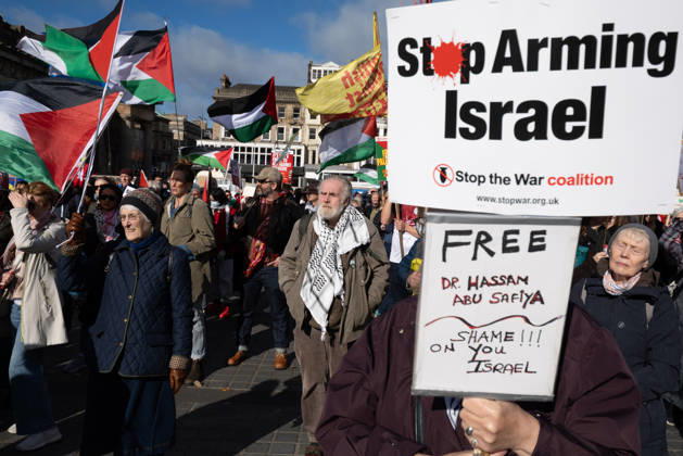 October 10, 2026, Edinburgh, Scotland, UK: Hundreds of people took part in a demonstration in Edinburgh organised by pro-Palestine groups Gaza Genocide Emergency Committee and Stop the War Scotland to mark the third anniversary of the 7 October 2023 Hamas-led attacks on Israel and the subsequent war in Gaza. The demonstration formed part of what organisers described as the first fully coordinated global day of protests for Palestine, with participants calling on the UK Government to end all arms sales to Israel and impose full sanctions. Edinburgh UK - ZUMAs357 20261010_zip_s357_008 Copyright: xCameronxScottx