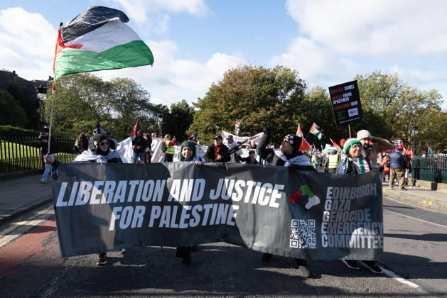 October 10, 2026, Edinburgh, Scotland, UK: Hundreds of people took part in a demonstration in Edinburgh organised by pro-Palestine groups Gaza Genocide Emergency Committee and Stop the War Scotland to mark the third anniversary of the 7 October 2023 Hamas-led attacks on Israel and the subsequent war in Gaza. The demonstration formed part of what organisers described as the first fully coordinated global day of protests for Palestine, with participants calling on the UK Government to end all arms sales to Israel and impose full sanctions. Edinburgh UK - ZUMAs357 20261010_zip_s357_011 Copyright: xCameronxScottx