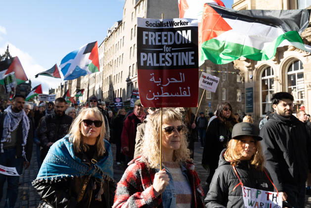 October 10, 2026, Edinburgh, Scotland, UK: Hundreds of people took part in a demonstration in Edinburgh organised by pro-Palestine groups Gaza Genocide Emergency Committee and Stop the War Scotland to mark the third anniversary of the 7 October 2023 Hamas-led attacks on Israel and the subsequent war in Gaza. The demonstration formed part of what organisers described as the first fully coordinated global day of protests for Palestine, with participants calling on the UK Government to end all arms sales to Israel and impose full sanctions. Edinburgh UK - ZUMAs357 20261010_zip_s357_016 Copyright: xCameronxScottx