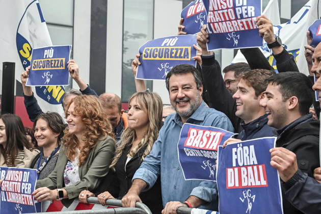 October 10, 2026, Milan, Mi, Italy: Deputy Prime Minister Matteo Salvini and Lega deputy secretary Silvia Sardone at the Lega rally Milan safer, stop social centers. Near the Lambretta Social Center, Via Rizzoli, 10 10 2026 Milan Milan Italy  - ZUMAa289 20261010_zia_a289_048 Copyright: xNicolaxMarfisix xAgfx