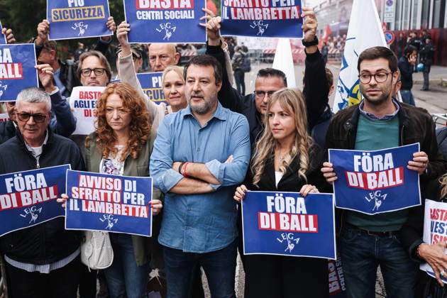 IPA89501898 - Milan: The League™s protest, A Safer Milan, Stop the Social Centers, against the Lambretta Social Center on Via Rizzoli. Pictured: Silvia Sardone (Member of the European Parliament, Lega mayoral candidate in the Milan municipal elections), Matteo Salvini (Lega leader, Italian Minister of Infrastructure and Transport) Copyright: xAlessandroxBremecx xx IPA89501898