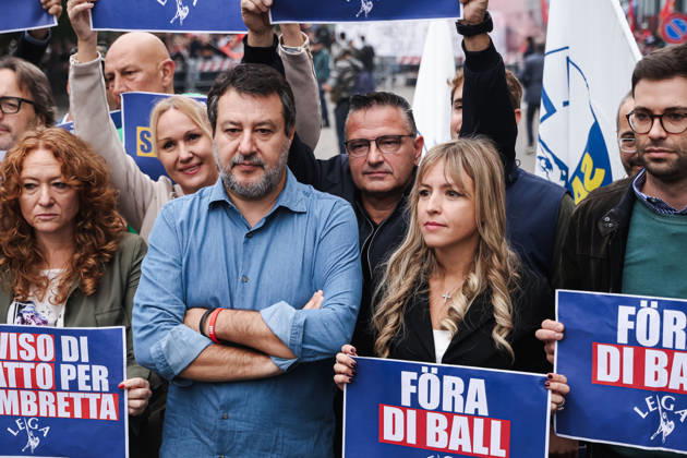 IPA89501904 - Milan: The League™s protest, A Safer Milan, Stop the Social Centers, against the Lambretta Social Center on Via Rizzoli. Pictured: Silvia Sardone (Member of the European Parliament, Lega mayoral candidate in the Milan municipal elections), Matteo Salvini (Lega leader, Italian Minister of Infrastructure and Transportation) Copyright: xAlessandroxBremecx xx IPA89501904