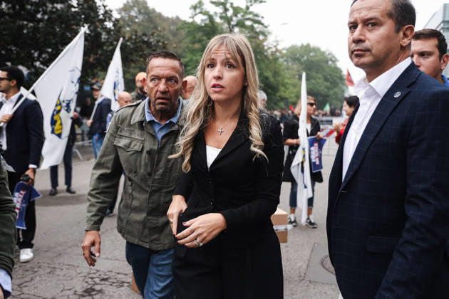 IPA89501929 - Milan: The League™s rally, A Safer Milan, Stop the Social Centers, against the Lambretta Social Center on Via Rizzoli. Pictured: Silvia Sardone (Member of the European Parliament, the League™s mayoral candidate in the Milan municipal elections) Copyright: xAlessandroxBremecx xx IPA89501929
