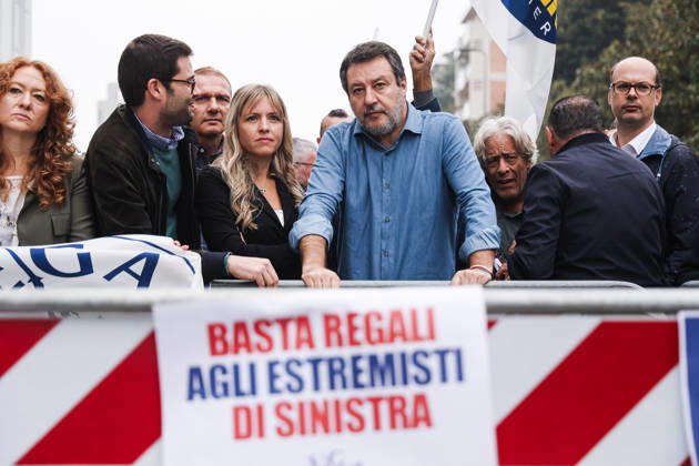 IPA89501855 - Milan: The League™s protest, A Safer Milan, Stop the Social Centers, against the Lambretta Social Center on Via Rizzoli. Pictured: Silvia Sardone (Member of the European Parliament, Lega mayoral candidate in the Milan municipal elections), Matteo Salvini (Lega leader, Italian Minister of Infrastructure and Transportation) Copyright: xAlessandroxBremecx xx IPA89501855