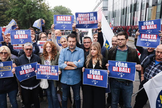 IPA89501908 - Milan: The League™s protest, A Safer Milan, Stop the Social Centers, against the Lambretta Social Center on Via Rizzoli. Pictured: Silvia Sardone (Member of the European Parliament, Lega mayoral candidate in the Milan municipal elections), Matteo Salvini (Lega leader, Italian Minister of Infrastructure and Transportation) Copyright: xAlessandroxBremecx xx IPA89501908