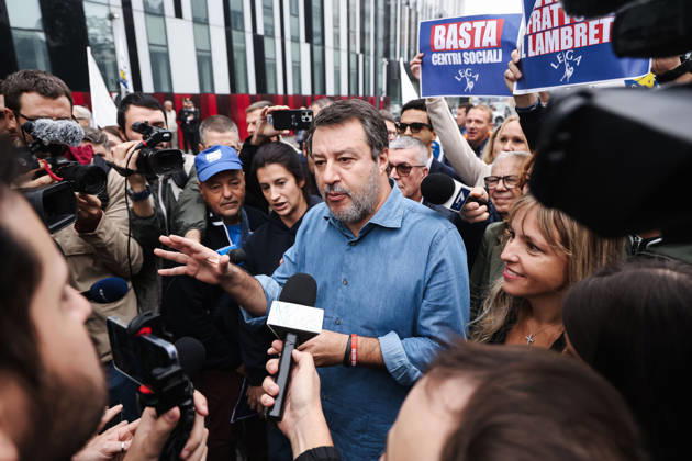 IPA89501924 - Milan: The League™s protest, A Safer Milan, Stop the Social Centers, against the Lambretta Social Center on Via Rizzoli. Pictured: Silvia Sardone (Member of the European Parliament, Lega mayoral candidate in the Milan municipal elections), Matteo Salvini (Lega leader, Italian Minister of Infrastructure and Transportation) Copyright: xAlessandroxBremecx xx IPA89501924