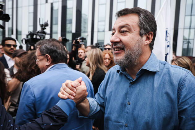 IPA89501928 - Milan: The League™s rally, A Safer Milan, Stop the Social Centers, against the Lambretta Social Center on Via Rizzoli. Pictured: Matteo Salvini (leader of the League, Italian Minister of Infrastructure and Transportation)  Copyright: xAlessandroxBremecx xx IPA89501928