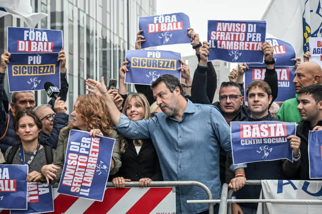 October 10, 2026, Milan, Mi, Italy: Deputy Prime Minister Matteo Salvini and Lega deputy secretary Silvia Sardone at the Lega rally Milan safer, stop social centers. Near the Lambretta Social Center, Via Rizzoli, 10 10 2026 Milan Milan Italy  - ZUMAa289 20261010_zia_a289_047 Copyright: xNicolaxMarfisix xAgfx
