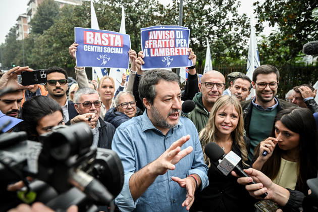 October 10, 2026, Milan, Mi, Italy: Deputy Prime Minister Matteo Salvini and Lega deputy secretary Silvia Sardone at the Lega rally Milan safer, stop social centers. Near the Lambretta Social Center, Via Rizzoli, 10 10 2026 Milan Milan Italy  - ZUMAa289 20261010_zia_a289_038 Copyright: xNicolaxMarfisix xAgfx