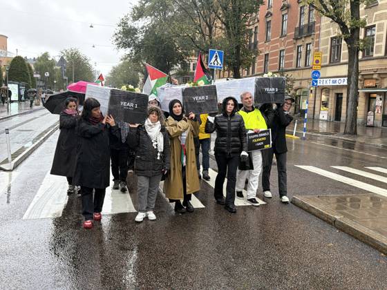 Demonstrators march in Stockholm to show solidarity with Palestinians STOCKHOLM, SWEDEN - OCTOBER 10: Demonstrators march to draw attention to the situation in Palestine and mark the third anniversary of the war in Gaza, on October 10, 2026, in Stockholm, Sweden. Atila Altuntas Anadolu Stockholm Sweden. Editorial use only. Please get in touch for any other usage. Copyright: x2026xAnadoluxAtilaxAltuntasx