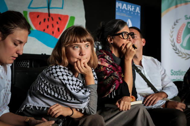 IPA89506328 - Naples, October 10, 2026 Conference at the former NATO base; Greta Thunberg in Bagnoli discussing the CPRs, and today at the march and the pro-Pal debate with Francesca Albanese (NeaPhoto Renato Esposito) Copyright: xx xx IPA89506328