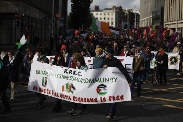 Thousands of pro-Palestine demonstrators gather in Dublin DUBLIN, IRELAND - OCTOBER 10: Thousands of pro-Palestine demonstrators gather in Dublin, Ireland, on October 10, 2026, for a national march marking three years since the October 7 attacks and the subsequent war in Gaza. Organized by the Ireland-Palestine Solidarity Campaign, the protest calls for sanctions against Israel and greater action by the Irish government, with demonstrators marching from the Garden of Remembrance towards the Dail. Mostafa Darwish Anadolu Dublin Ireland. Editorial use only. Please get in touch for any other usage. Copyright: x2026xAnadoluxMostafaxDarwishx