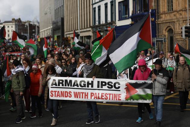 Thousands of pro-Palestine demonstrators gather in Dublin DUBLIN, IRELAND - OCTOBER 10: Thousands of pro-Palestine demonstrators gather in Dublin, Ireland, on October 10, 2026, for a national march marking three years since the October 7 attacks and the subsequent war in Gaza. Organized by the Ireland-Palestine Solidarity Campaign, the protest calls for sanctions against Israel and greater action by the Irish government, with demonstrators marching from the Garden of Remembrance towards the Dail. Mostafa Darwish Anadolu Dublin Ireland. Editorial use only. Please get in touch for any other usage. Copyright: x2026xAnadoluxMostafaxDarwishx