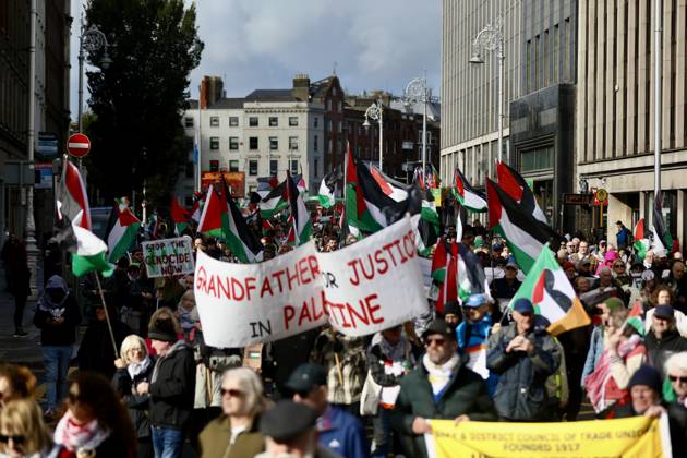 Thousands of pro-Palestine demonstrators gather in Dublin DUBLIN, IRELAND - OCTOBER 10: Thousands of pro-Palestine demonstrators gather in Dublin, Ireland, on October 10, 2026, for a national march marking three years since the October 7 attacks and the subsequent war in Gaza. Organized by the Ireland-Palestine Solidarity Campaign, the protest calls for sanctions against Israel and greater action by the Irish government, with demonstrators marching from the Garden of Remembrance towards the Dail. Mostafa Darwish Anadolu Dublin Ireland. Editorial use only. Please get in touch for any other usage. Copyright: x2026xAnadoluxMostafaxDarwishx
