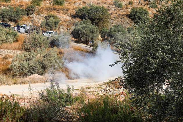 Israeli settlers and forces attack farmers during olive harvest in Deir Abu Mash™al DEIR ABU MASH™AL, PALESTINE OCTOBER 10, 2026: Palestinian farmers came under attack by Israeli settlers and Israeli forces as they headed to harvest olives on their land in Deir Abu Mash™al, northwest of Ramallah. The event marked the village™s first olive harvest gathering of the new season. The Palestine Red Crescent Society reported that its teams treated nine people injured during the incident. The injuries included one caused by live ammunition to the thigh, two caused by rubber-coated metal bullets, and six resulting from physical assault. One of those struck by a rubber-coated metal bullet was photojournalist Issam Al-Rimawi. The incident Copyright: x xSalmanxMohsenxAlkhatibx xJNAxPressx