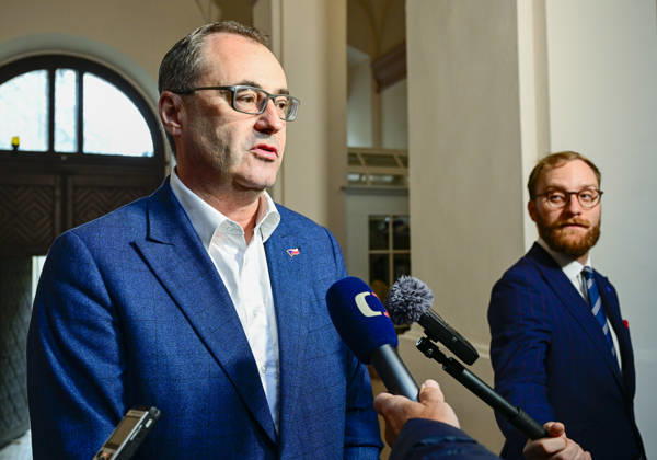 The two-day elections to municipal assemblies ended in the Czech Republic together with the first round of the elections to one-third of the Senate, at 2:00 p.m. on October 10, 2026. On the photo: Boris Stastny, left, Minister of Sports, Prevention, and Health, speaks with reporters at the Motorists for Themselves campaign headquarters in Prague. (CTKxPhoto VitxSimanek) CTKPhotoP2026101003465  CTKPhotoP2026101003465