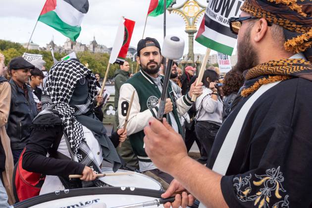 October 10, 2026, London, London, England: The National March for Palestine took place to mark the third anniversary of the start of the war in Gaza. Around ten thousand gathered on The Thames embankment and marched to Parliament Squre. They faced an Israeli counter demonstration of a handfull of protesters. Some arrests were reported by police. London England  - ZUMAr169 20261010_zip_r169_038 Copyright: xRodxHarbinsonx