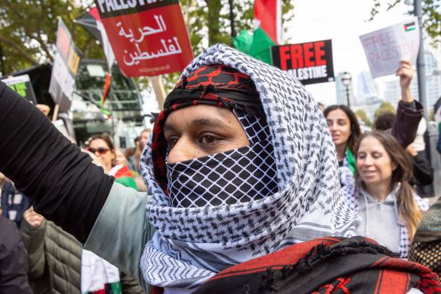 October 10, 2026, London, London, England: The National March for Palestine took place to mark the third anniversary of the start of the war in Gaza. Around ten thousand gathered on The Thames embankment and marched to Parliament Squre. They faced an Israeli counter demonstration of a handfull of protesters. Some arrests were reported by police. London England - ZUMAr169 20261010_zip_r169_016 Copyright: xRodxHarbinsonx