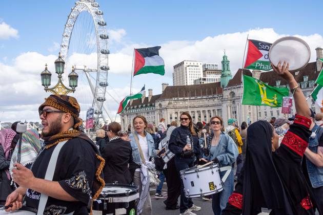 October 10, 2026, London, London, England: The National March for Palestine took place to mark the third anniversary of the start of the war in Gaza. Around ten thousand gathered on The Thames embankment and marched to Parliament Squre. They faced an Israeli counter demonstration of a handfull of protesters. Some arrests were reported by police. London England - ZUMAr169 20261010_zip_r169_037 Copyright: xRodxHarbinsonx