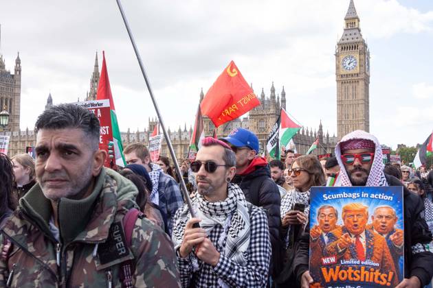 October 10, 2026, London, London, England: The National March for Palestine took place to mark the third anniversary of the start of the war in Gaza. Around ten thousand gathered on The Thames embankment and marched to Parliament Squre. They faced an Israeli counter demonstration of a handfull of protesters. Some arrests were reported by police. London England - ZUMAr169 20261010_zip_r169_039 Copyright: xRodxHarbinsonx
