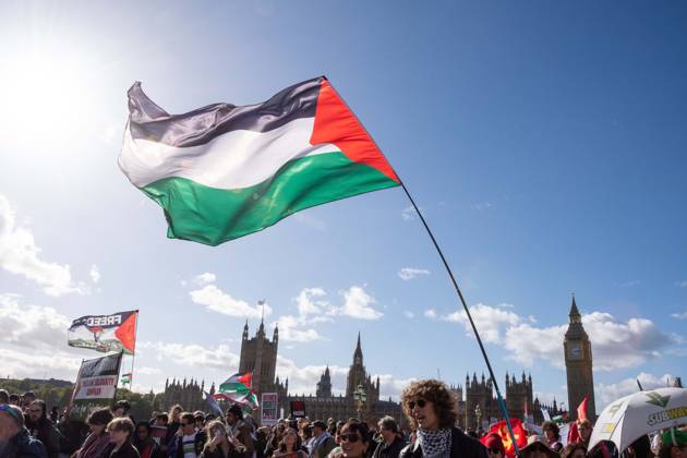 October 10, 2026, London, London, England: The National March for Palestine took place to mark the third anniversary of the start of the war in Gaza. Around ten thousand gathered on The Thames embankment and marched to Parliament Squre. They faced an Israeli counter demonstration of a handfull of protesters. Some arrests were reported by police. London England - ZUMAr169 20261010_zip_r169_048 Copyright: xRodxHarbinsonx