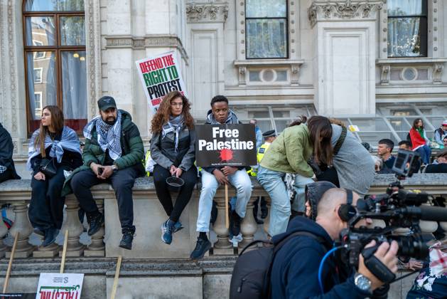 October 10, 2026, London, United Kingdom: Protesters with banners gather during the National March for Palestine in London. The march marks three years since the outbreak of the war in Gaza in October 2023.The National March for Palestine, which was organised by the Palestine Coalition in London. The march marks three years since the outbreak of the war in Gaza in October 2023 London United Kingdom - ZUMAs197 20261010_aaa_s197_060 Copyright: xPhilxLewisx