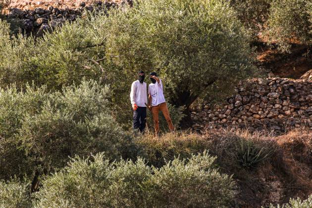 October 10, 2026, Ramallah: DEIR ABU MASHâ€⠢AL, PALESTINE †OCTOBER 10, 2026: Palestinian farmers came under attack by Israeli settlers and Israeli forces as they headed to harvest olives on their land in Deir Abu Mashâ€⠢al, northwest of Ramallah. The event marked the villageâ€⠢s first olive harvest gathering of the new season. The Palestine Red Crescent Society reported that its teams treated nine people injured during the incident. The injuries included one caused by live ammunition to the thigh, two caused by rubber-coated metal bullets, and six resulting from physical assault. One of those struck by a rubber-coated metal bullet was photojournalist Issam Al-Rimawi. The incident occurred during the annual olive harve - ZUMAq101 20261010_zna_q101_061 Copyright: xSalmanxMohsenxAlkhatibx