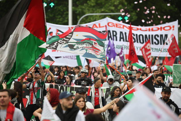 Santiago, October 10, 2026: March for Palestine organized by the Global Action for Palestine (GAFP) alliance along Alameda Street in downtown Santiago. Dragomir Yankovic, Aton Chile, Santiago, Chile. Aton 1198358 Copyright: DRAGOMIRxYANKOVIC ATONxCHILE