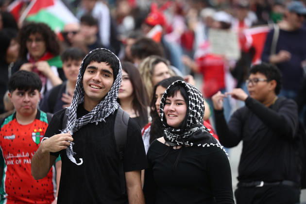 Santiago, October 10, 2026: March for Palestine organized by the Global Action for Palestine (GAFP) alliance along Alameda Street in downtown Santiago. Dragomir Yankovic, Aton Chile, Santiago, Chile. Aton 1198370  Copyright: DRAGOMIRxYANKOVIC ATONxCHILE