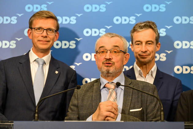 The two-day elections to municipal assemblies ended in the Czech Republic together with the first round of the elections to one-third of the Senate, at 2:00 p.m. on October 10, 2026. On the photo from left: ODS Chairman Martin Kupka, ODS Parliamentary Caucus Chairman Marek Benda and Tomas Portlik, the ODS candidate for Mayor of Prague, at party s campaign headquarters in Prague. (CTKxPhoto MichalxKamaryt) CTKPhotoP2026101006274  CTKPhotoP2026101006274