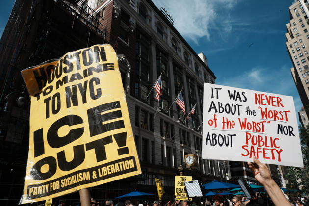 October 10, 2026, New York, New York, USA: Protesters at an anti-ICE protest in Herald Square on October 10, 2026 in New York City. Protesters take to the streets following an incident where ICE agents shot a 28-year-old-man, Oscar Belgal while he in a vehicle with his 5-year old child in the Marble Hill neighborhood in the Bronx. New York USA - ZUMAb148 20261010_zap_b148_053 Copyright: xBryanxSmithx