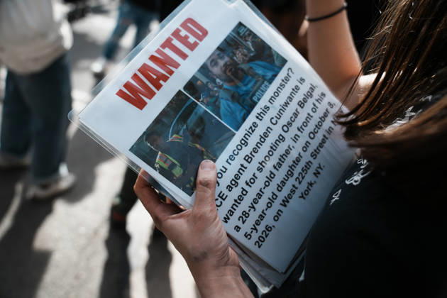 October 10, 2026, New York, New York, USA: A protester holds a Wanted Sign with ICE Agent Brendan Cuni , accused of shooting Oscar Belgal, on a sign at an anti-ICE protest near Union Square on October 10, 2026 in New York City. Protesters take to the streets following an incident where ICE agents shot a 28-year-old-man, Oscar Belgal while he in a vehicle with his 5-year old child in the Marble Hill neighborhood in the Bronx. New York USA - ZUMAb148 20261010_zap_b148_057 Copyright: xBryanxSmithx