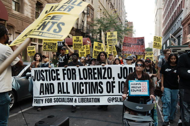 October 10, 2026, New York, New York, USA: Protesters march through lower Manhattan during an anti-ICE protest on October 10, 2026 in New York City. Protesters take to the streets following an incident where ICE agents shot a 28-year-old-man, Oscar Belgal while he in a vehicle with his 5-year old child in the Marble Hill neighborhood in the Bronx. New York USA - ZUMAb148 20261010_zap_b148_059 Copyright: xBryanxSmithx