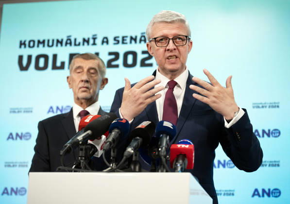 Senior government ANO movement, chairman Andrej Babis (left) and first deputy chairman Karel Havlicek, gives press conference on results of the municipal and Senate elections in the afternoon at Centre for Movement Medicine, Prague 4 - Chodov, on October 10,2026. (CTKxPhoto MichaelaxRihova) CTKPhotoP2026101008595  CTKPhotoP2026101008595