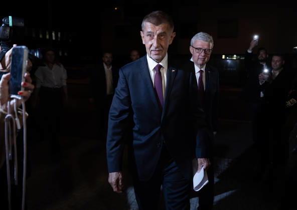 Senior government ANO movement, chairman Andrej Babis (left) and first deputy chairman Karel Havlicek, gives press conference on results of the municipal and Senate elections in the afternoon at Centre for Movement Medicine, Prague 4 - Chodov, on October 10,2026. (CTKxPhoto MichaelaxRihova) CTKPhotoP2026101008836  CTKPhotoP2026101008836