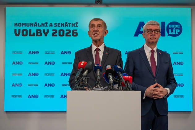 Andrej Babis, Czech prime minister press conference after municipal and senate elections - 10 Oct 2026 Andrej Babis (L), Czech Prime Minister, leader of ANO party and billionaire and Karel Havlicek (R), Minister of Industry and Trade speak to the media during a press conference after municipal and senate elections in the Czech republic. Czech municipal and senate elections took place on the 9th and 10th of October 2026. Prague Czech Republic Copyright: xTomasxTkacikx xSOPAxImagesx 20261009-ANO-elections-1