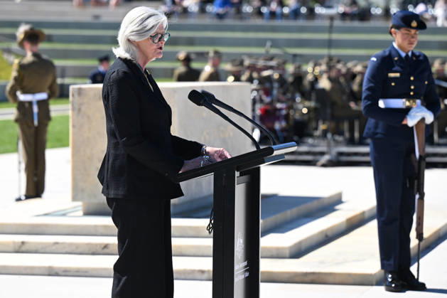 COMMEMORATIVE SERVICE OPERATION SLIPPER, Australian Governor-General Sam Mostyn delivers an address during a commemorative service recognising the 25th anniversary of Australian service in Afghanistan, at the Australian War Memorial in Canberra, Sunday, October 11, 2026. ( NO ARCHIVING CANBERRA AUSTRALIAN CAPITAL TERRITORY Australia Copyright: xLUKASxCOCHx 20261011150626799665