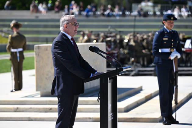 COMMEMORATIVE SERVICE OPERATION SLIPPER, Australian Prime Minister Anthony Albanese delivers an address during a commemorative service recognising the 25th anniversary of Australian service in Afghanistan, at the Australian War Memorial in Canberra, Sunday, October 11, 2026. ( NO ARCHIVING CANBERRA AUSTRALIAN CAPITAL TERRITORY Australia  Copyright: xLUKASxCOCHx 20261011159500970833