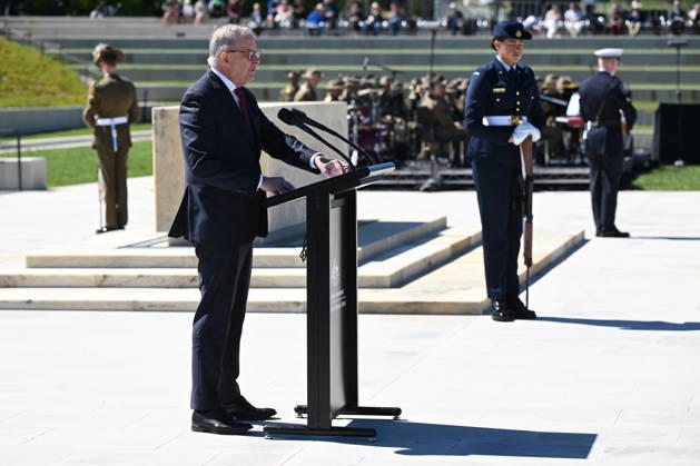 COMMEMORATIVE SERVICE OPERATION SLIPPER, Australian Prime Minister Anthony Albanese delivers an address during a commemorative service recognising the 25th anniversary of Australian service in Afghanistan, at the Australian War Memorial in Canberra, Sunday, October 11, 2026. ( NO ARCHIVING CANBERRA AUSTRALIAN CAPITAL TERRITORY Australia Copyright: xLUKASxCOCHx 20261011178572672398