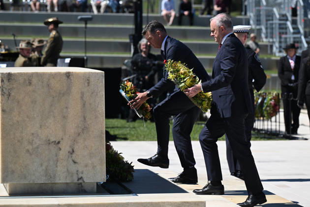 COMMEMORATIVE SERVICE OPERATION SLIPPER, Australian Prime Minister Anthony Albanese and Australian Opposition Leader Angus Taylor lay wreaths during a commemorative service recognising the 25th anniversary of Australian service in Afghanistan, at the Australian War Memorial in Canberra, Sunday, October 11, 2026. ( NO ARCHIVING CANBERRA AUSTRALIAN CAPITAL TERRITORY Australia Copyright: xLUKASxCOCHx 20261011189346668004