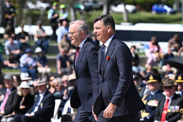 COMMEMORATIVE SERVICE OPERATION SLIPPER, Australian Prime Minister Anthony Albanese and Australian Opposition Leader Angus Taylor arrive to lay wreaths during a commemorative service recognising the 25th anniversary of Australian service in Afghanistan, at the Australian War Memorial in Canberra, Sunday, October 11, 2026. ( NO ARCHIVING CANBERRA AUSTRALIAN CAPITAL TERRITORY Australia Copyright: xLUKASxCOCHx 20261011120029845491
