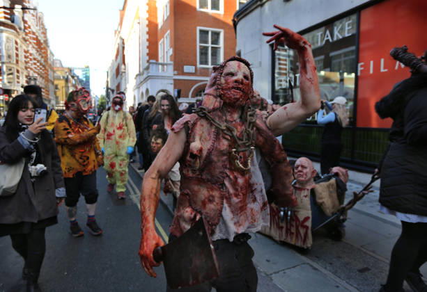 World Zombie Day In London, UK - 10 Oct 2026 A participant dressed as a zombie with a large meat cleaver walks the streets of Soho during the celebration. Supporters of World Zombie Day dressed in their best zombie attire and took to the streets and open spaces of London’s Soho district. The event started in the United States in 2006 and raises money through donations for charities like The Dead Good Club that helps people keep abreast of fast changing technologies like AI and digital media. London United Kingdom Copyright: xMartinxPopex xSOPAxImagesx MPOPE_A738410